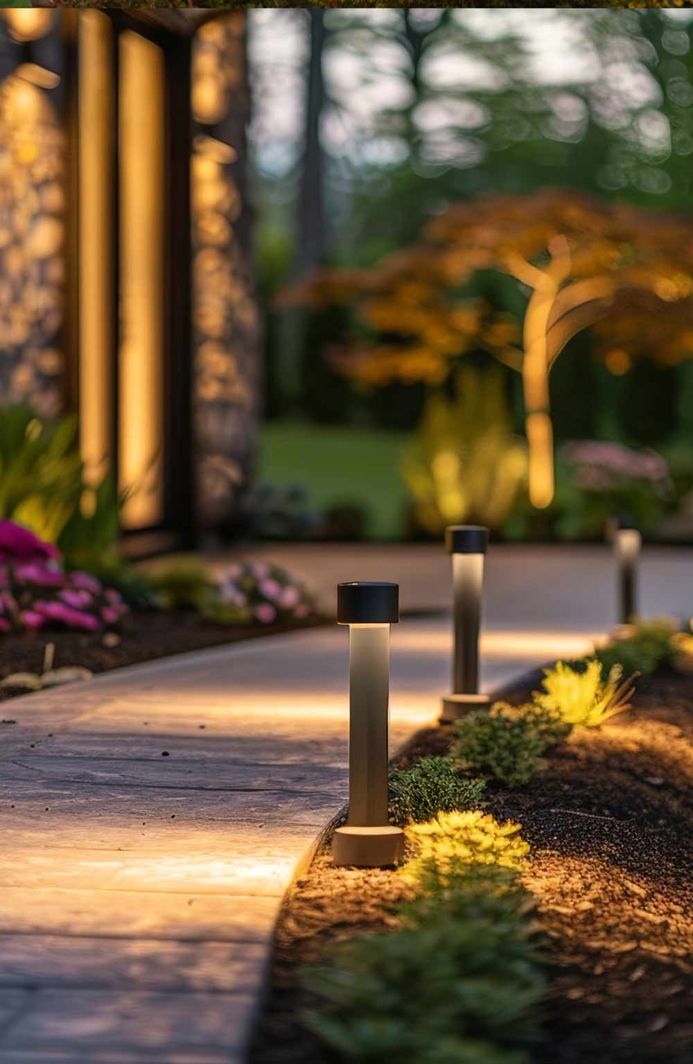 Low-voltage pathway lighting illuminating a Tucson residential landscape